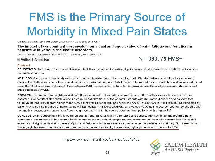 FMS is the Primary Source of Morbidity in Mixed Pain States N = 383,