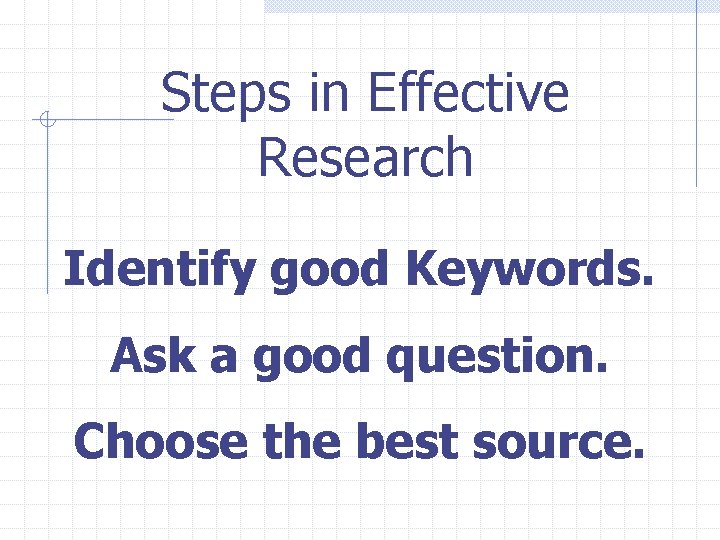 Steps in Effective Research Identify good Keywords. Ask a good question. Choose the best