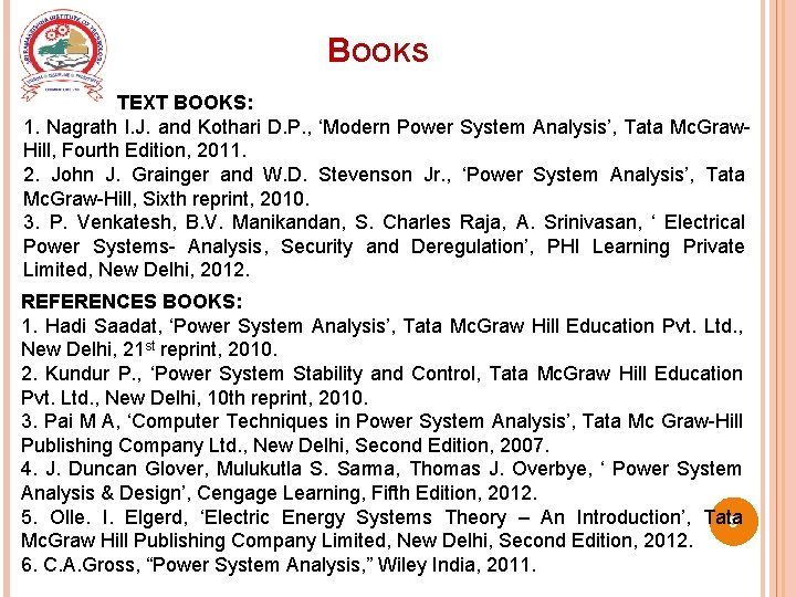 BOOKS TEXT BOOKS: 1. Nagrath I. J. and Kothari D. P. , ‘Modern Power