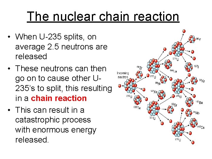 The nuclear chain reaction • When U-235 splits, on average 2. 5 neutrons are