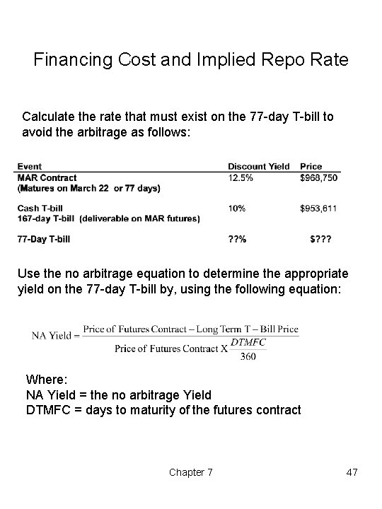 Financing Cost and Implied Repo Rate Calculate the rate that must exist on the