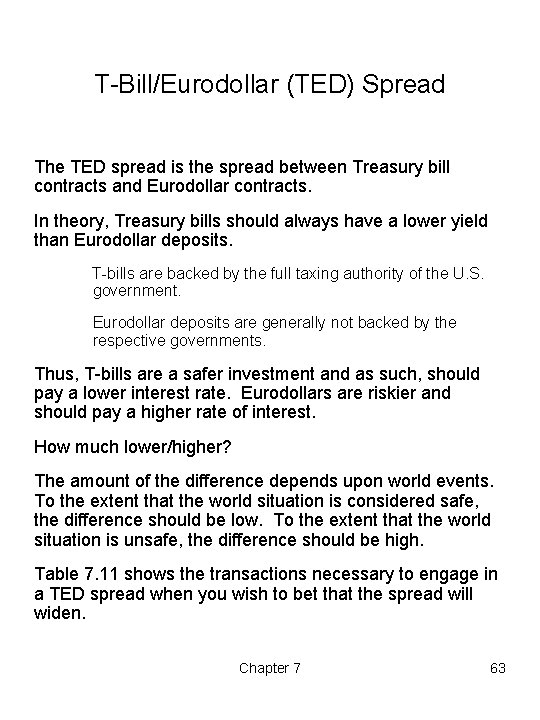 T-Bill/Eurodollar (TED) Spread The TED spread is the spread between Treasury bill contracts and