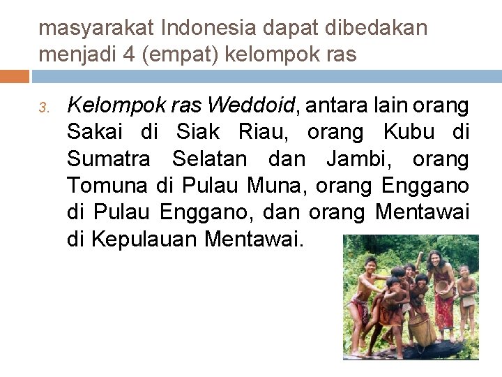 masyarakat Indonesia dapat dibedakan menjadi 4 (empat) kelompok ras 3. Kelompok ras Weddoid, antara