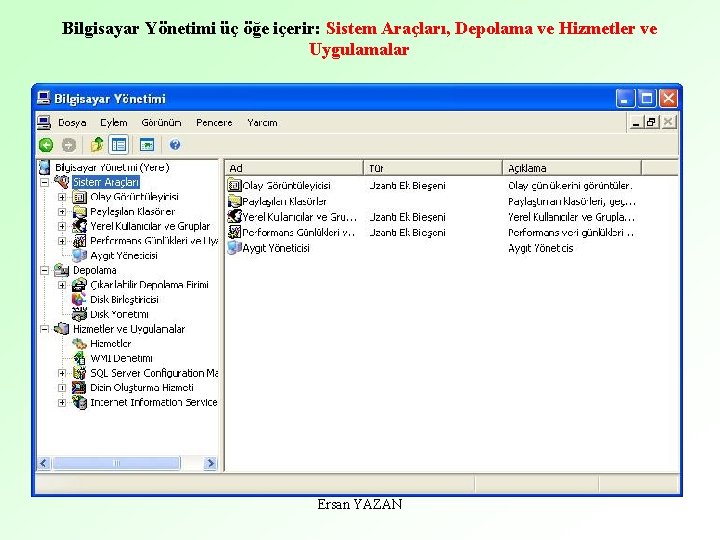 Bilgisayar Yönetimi üç öğe içerir: Sistem Araçları, Depolama ve Hizmetler ve Uygulamalar Ersan YAZAN
