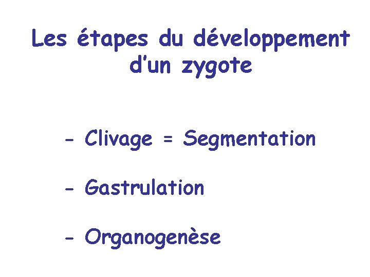 Les étapes du développement d’un zygote - Clivage = Segmentation - Gastrulation - Organogenèse