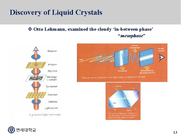 Discovery of Liquid Crystals Otto Lehmann, examined the cloudy ‘in-between phase’ “mesophase” 1. 3