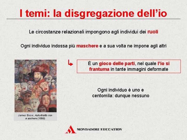 I temi: la disgregazione dell’io Le circostanze relazionali impongono agli individui dei ruoli Ogni