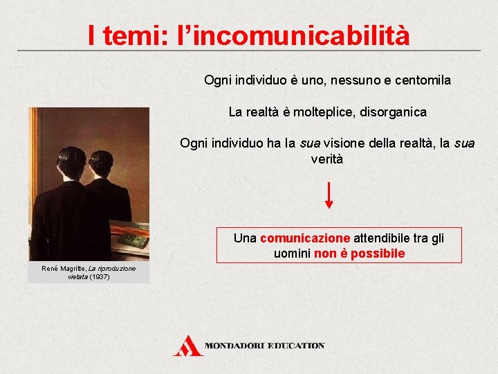 I temi: l’incomunicabilità Ogni individuo è uno, nessuno e centomila La realtà è molteplice,