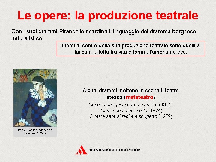 Le opere: la produzione teatrale Con i suoi drammi Pirandello scardina il linguaggio del