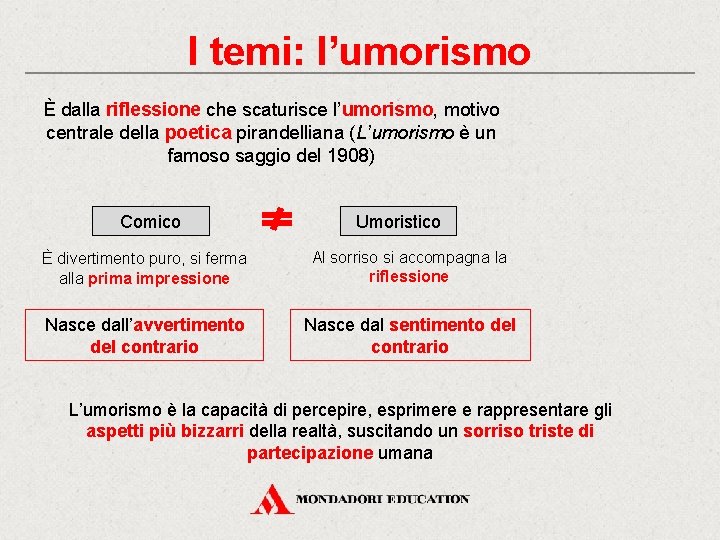 I temi: l’umorismo È dalla riflessione che scaturisce l’umorismo, motivo centrale della poetica pirandelliana