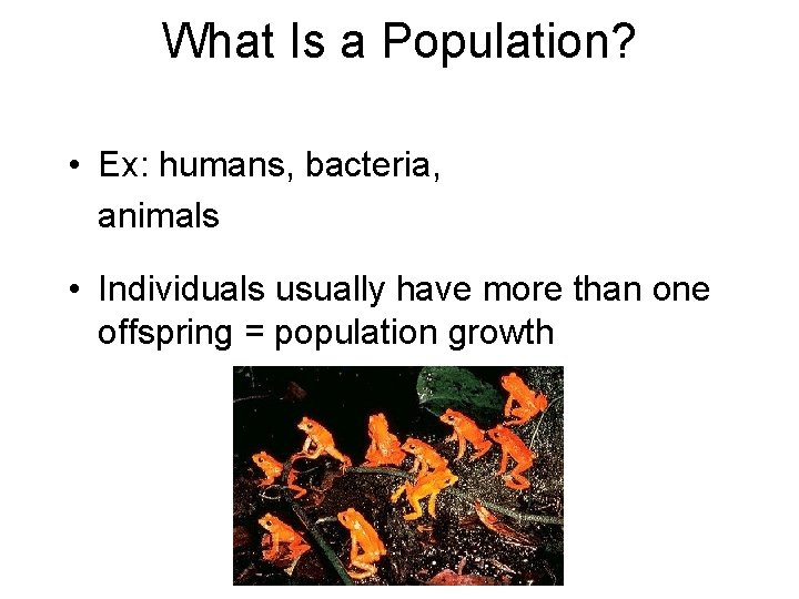 What Is a Population? • Ex: humans, bacteria, animals • Individuals usually have more