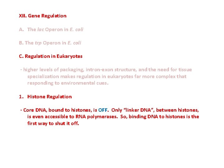 XII. Gene Regulation A. The lac Operon in E. coli B. The trp Operon