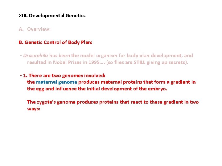 XIII. Developmental Genetics A. Overview: B. Genetic Control of Body Plan: - Drosophila has