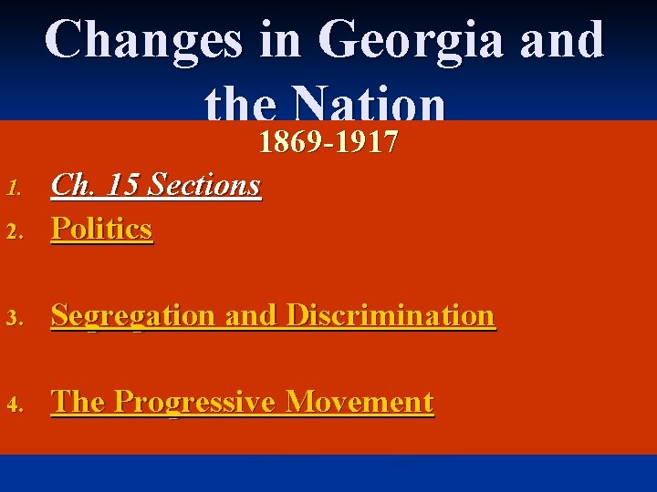 Changes in Georgia and the Nation 2. 1869 -1917 Ch. 15 Sections Politics 3.