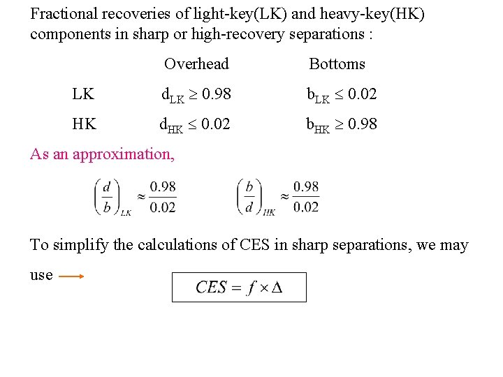 Fractional recoveries of light-key(LK) and heavy-key(HK) components in sharp or high-recovery separations : Overhead