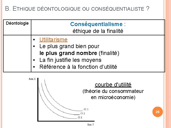 B. ETHIQUE DÉONTOLOGIQUE OU CONSÉQUENTIALISTE ? Déontologie Conséquentialisme : éthique de la finalité •