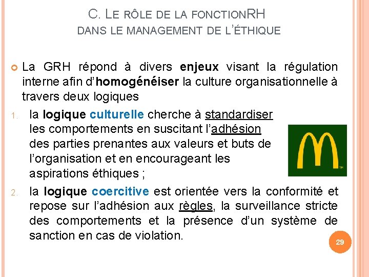 C. LE RÔLE DE LA FONCTIONRH DANS LE MANAGEMENT DE L’ÉTHIQUE La GRH répond