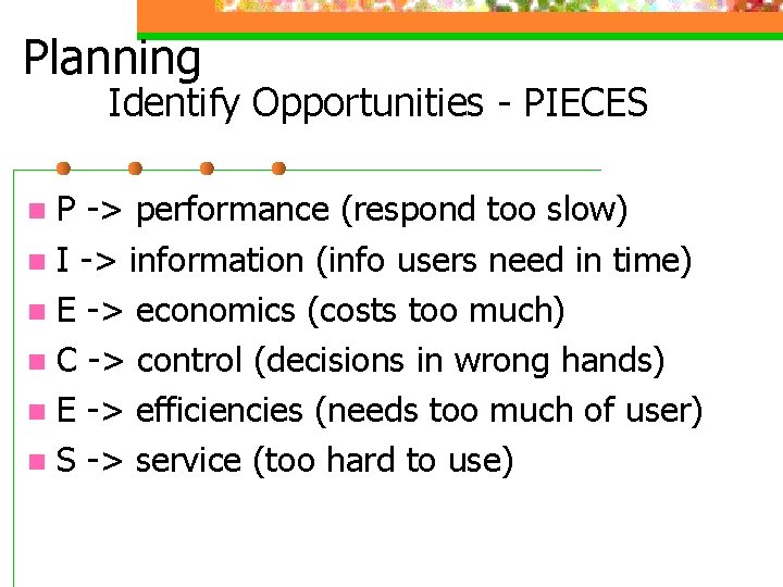 Planning Identify Opportunities - PIECES P -> performance (respond too slow) n I -> Planning Identify Opportunities - PIECES P -> performance (respond too slow) n I ->