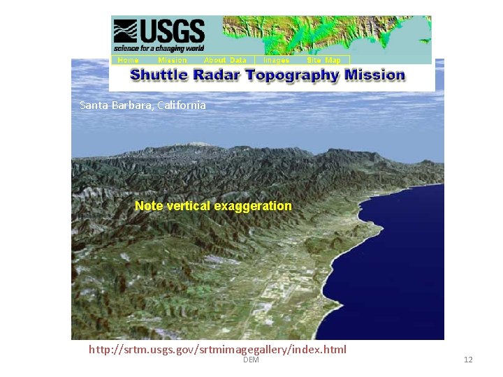 Santa Barbara, California Note vertical exaggeration http: //srtm. usgs. gov/srtmimagegallery/index. html DEM 12 