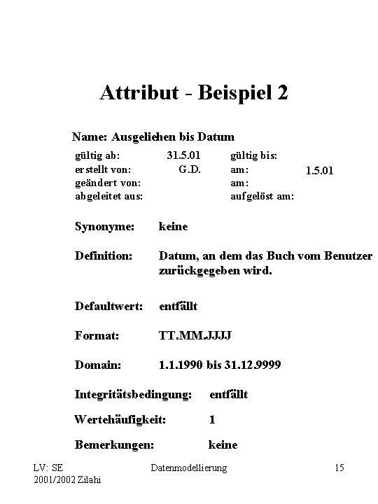 Attribut - Beispiel 2 Name: Ausgeliehen bis Datum gültig ab: erstellt von: geändert von: