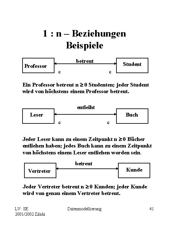 1 : n – Beziehungen Beispiele Professor betreut c Student c Ein Professor betreut