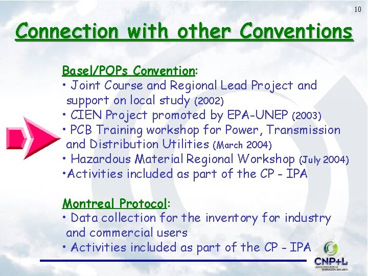 10 Connection with other Conventions Basel/POPs Convention: • Joint Course and Regional Lead Project