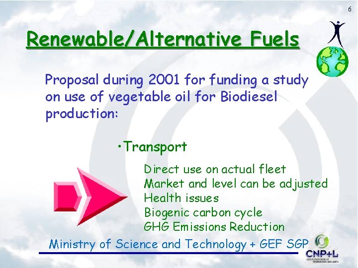 6 Renewable/Alternative Fuels Proposal during 2001 for funding a study on use of vegetable