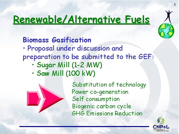 8 Renewable/Alternative Fuels Biomass Gasification • Proposal under discussion and preparation to be submitted