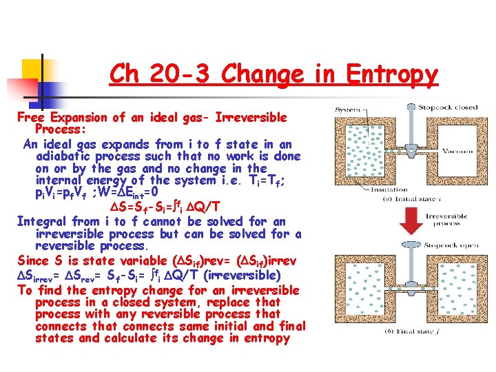 Ch 20 -3 Change in Entropy Free Expansion of an ideal gas- Irreversible Process: