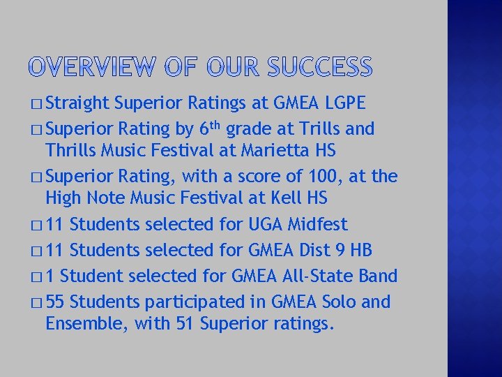 � Straight Superior Ratings at GMEA LGPE � Superior Rating by 6 th grade