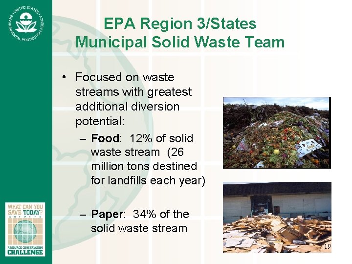 EPA Region 3/States Municipal Solid Waste Team • Focused on waste streams with greatest