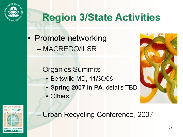 Region 3/State Activities • Promote networking – MACREDO/ILSR – Organics Summits • Beltsville MD,