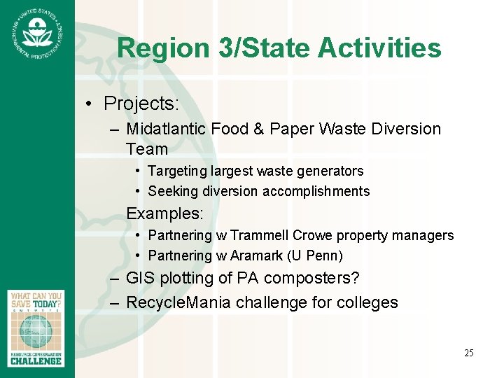 Region 3/State Activities • Projects: – Midatlantic Food & Paper Waste Diversion Team •