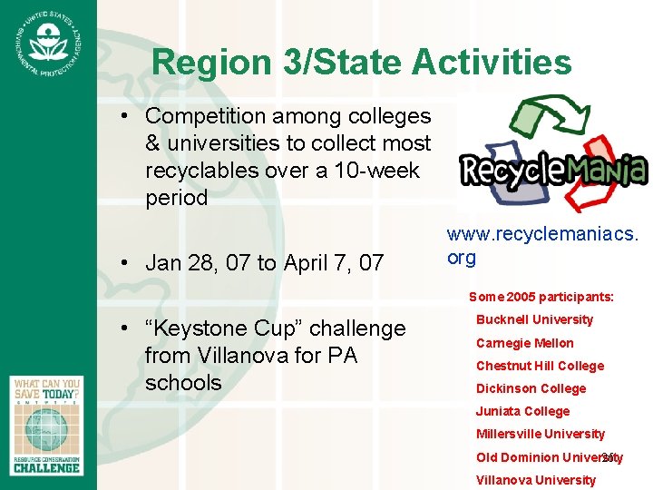 Region 3/State Activities • Competition among colleges & universities to collect most recyclables over