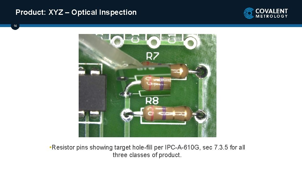 Product: XYZ – Optical Inspection 14 • Resistor pins showing target hole-fill per IPC-A-610