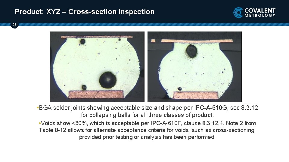 Product: XYZ – Cross-section Inspection 23 • BGA solder joints showing acceptable size and
