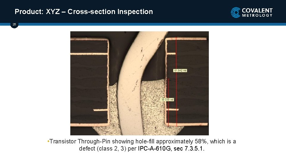 Product: XYZ – Cross-section Inspection 25 • Transistor Through-Pin showing hole-fill approximately 58%, which