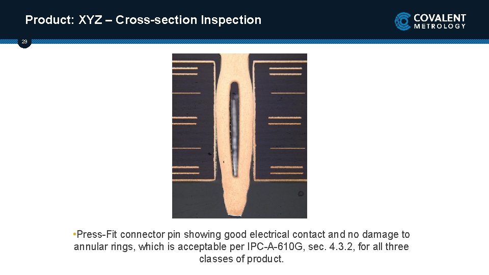 Product: XYZ – Cross-section Inspection 29 • Press-Fit connector pin showing good electrical contact