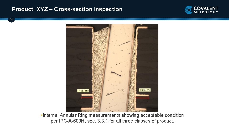 Product: XYZ – Cross-section Inspection 31 • Internal Annular Ring measurements showing acceptable condition