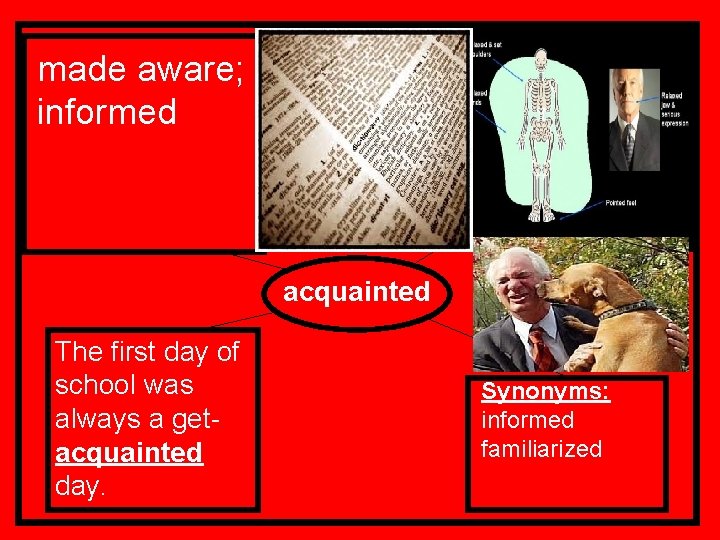 made aware; informed acquainted The first day of school was always a getacquainted day.