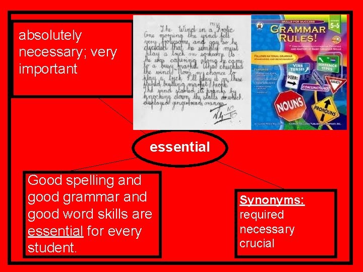 absolutely necessary; very important essential Good spelling and good grammar and good word skills