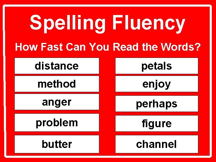 Spelling Fluency How Fast Can You Read the Words? distance petals method enjoy anger