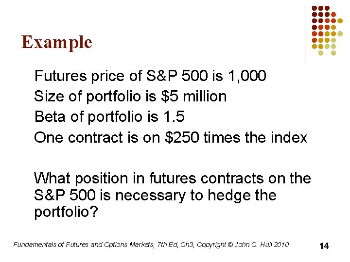 Example Futures price of S&P 500 is 1, 000 Size of portfolio is $5
