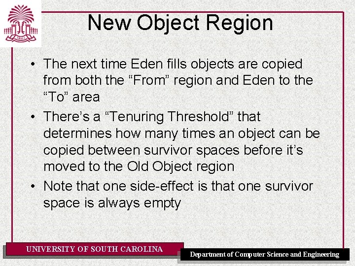 New Object Region • The next time Eden fills objects are copied from both