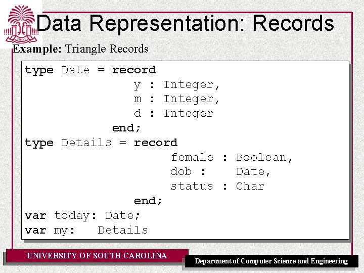 Data Representation: Records Example: Triangle Records type Date = record y : Integer, m