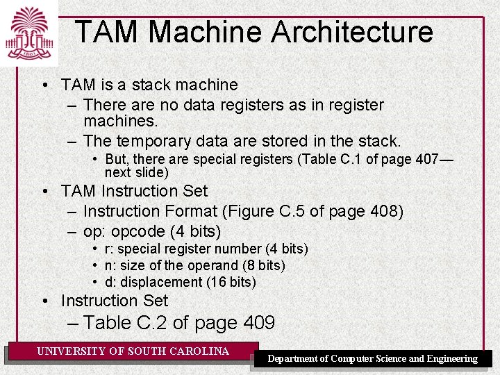 TAM Machine Architecture • TAM is a stack machine – There are no data