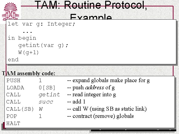 let TAM: Routine Protocol, Example var g: Integer; . . . in begin getint(var
