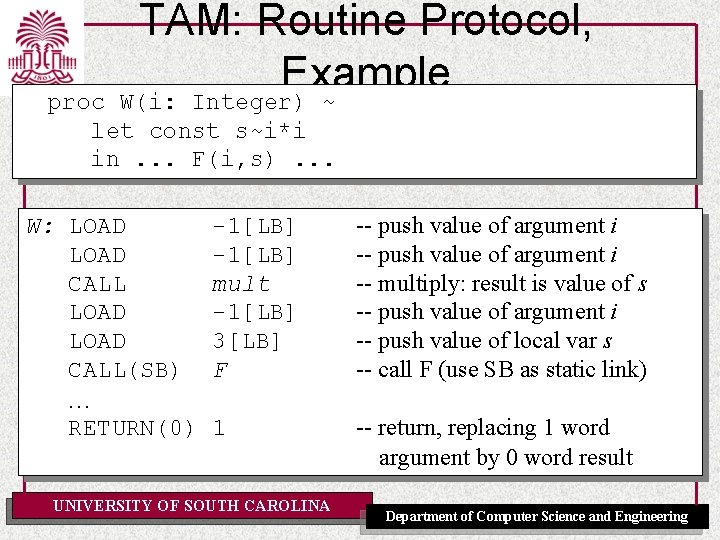 TAM: Routine Protocol, Example W(i: Integer) ~ proc let const s~i*i in. . .