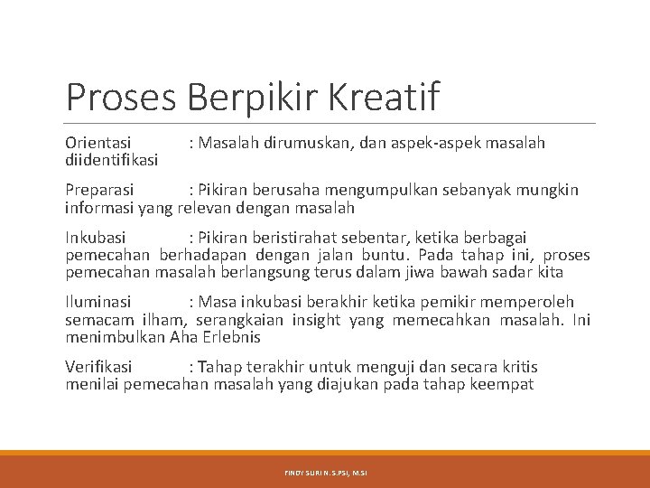 Proses Berpikir Kreatif Orientasi diidentifikasi : Masalah dirumuskan, dan aspek-aspek masalah Preparasi : Pikiran