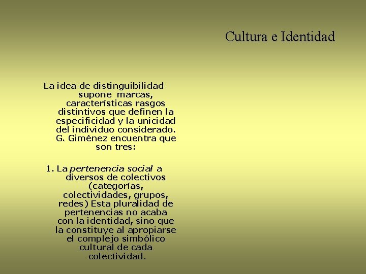 Cultura e Identidad La idea de distinguibilidad supone marcas, características rasgos distintivos que definen